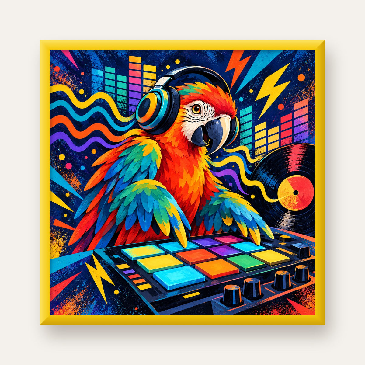 DJ Papağan Renkli Müzik Poster – Dinamik Dijital Sanat — sarı çerçeveli