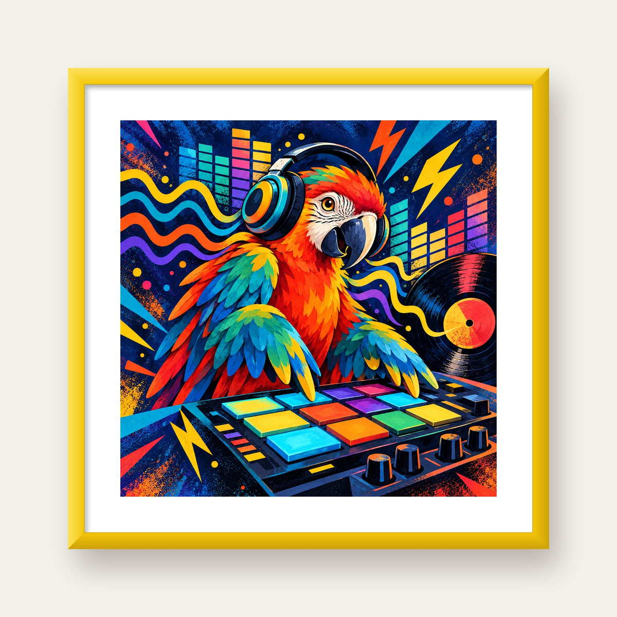 DJ Papağan Renkli Müzik Poster – Dinamik Dijital Sanat — sarı çerçeveli paspartulu