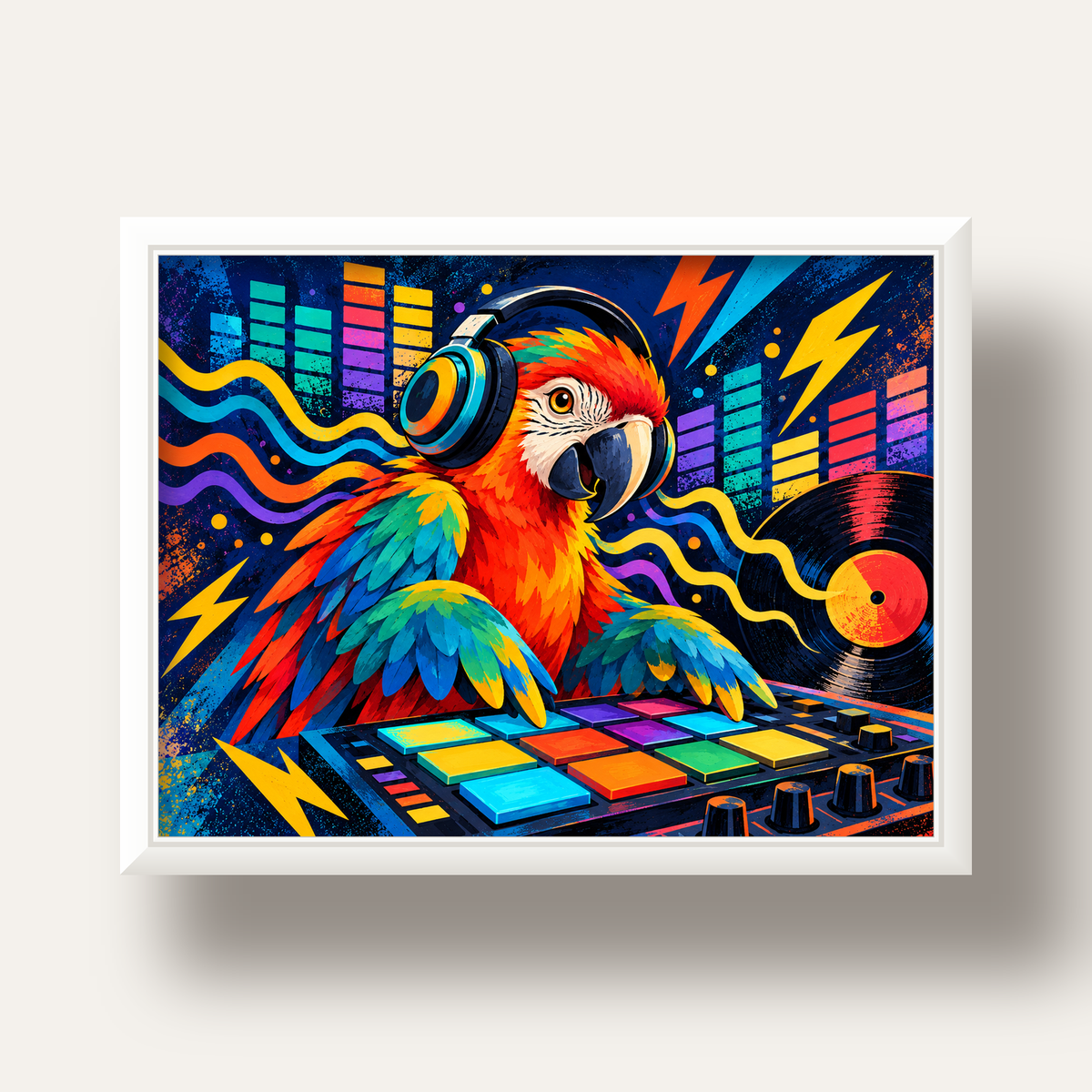 DJ Papağan Renkli Müzik Poster – Dinamik Dijital Sanat — beyaz derin çerçeveli