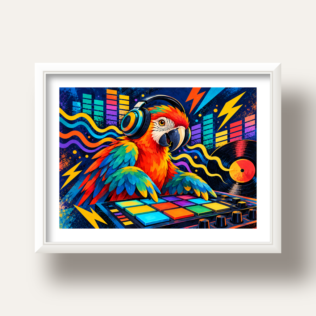 DJ Papağan Renkli Müzik Poster – Dinamik Dijital Sanat — beyaz derin çerçeveli paspartulu