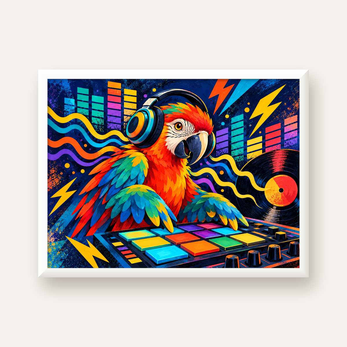 DJ Papağan Renkli Müzik Poster – Dinamik Dijital Sanat — beyaz çerçeveli yatay poster