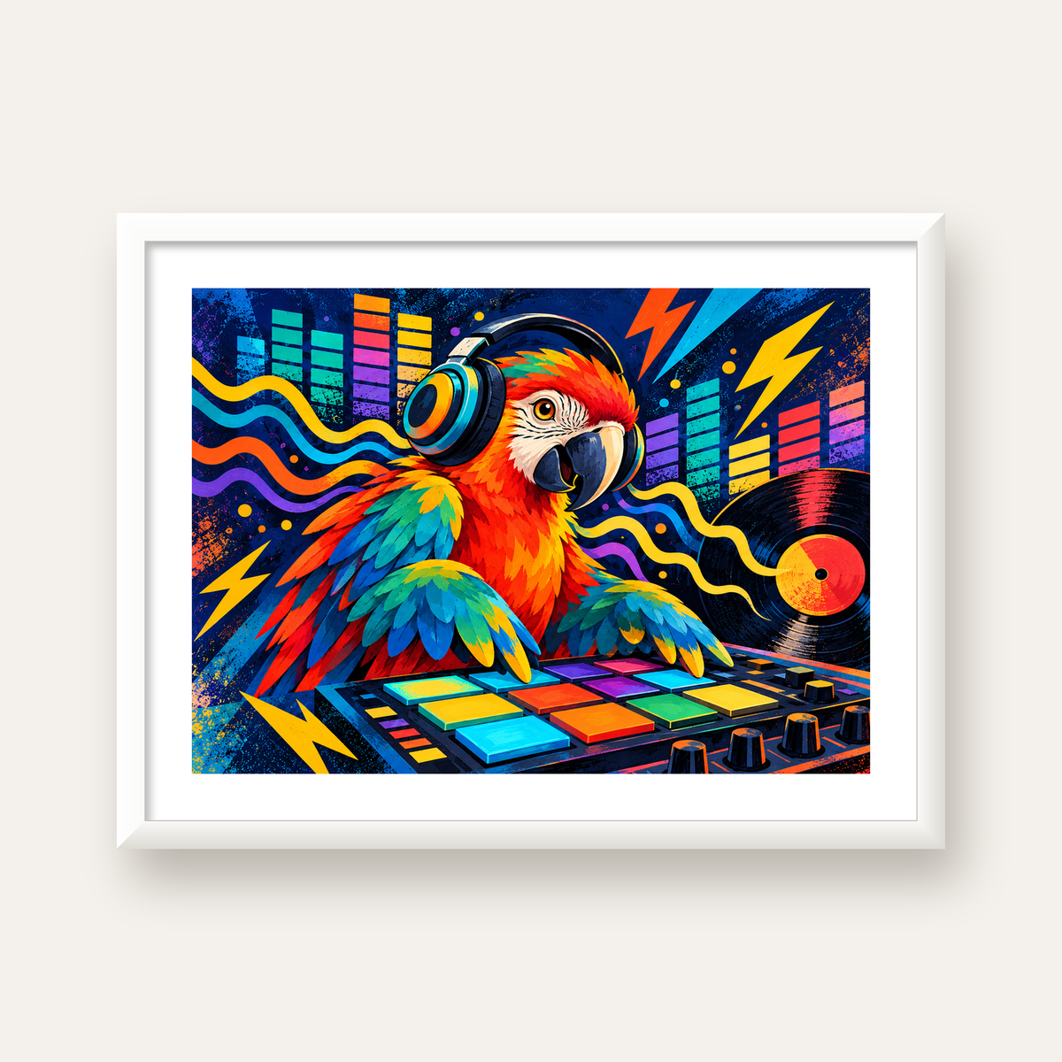 DJ Papağan Renkli Müzik Poster – Dinamik Dijital Sanat — beyaz çerçeveli yatay poster