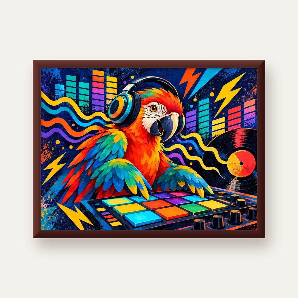 DJ Papağan Renkli Müzik Poster – Dinamik Dijital Sanat — ceviz çerçeveli