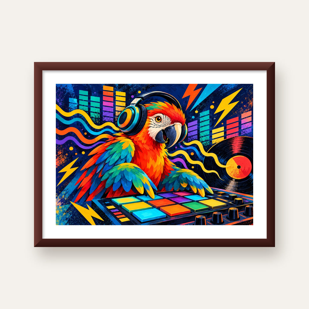DJ Papağan Renkli Müzik Poster – Dinamik Dijital Sanat — ceviz çerçeveli paspartulu