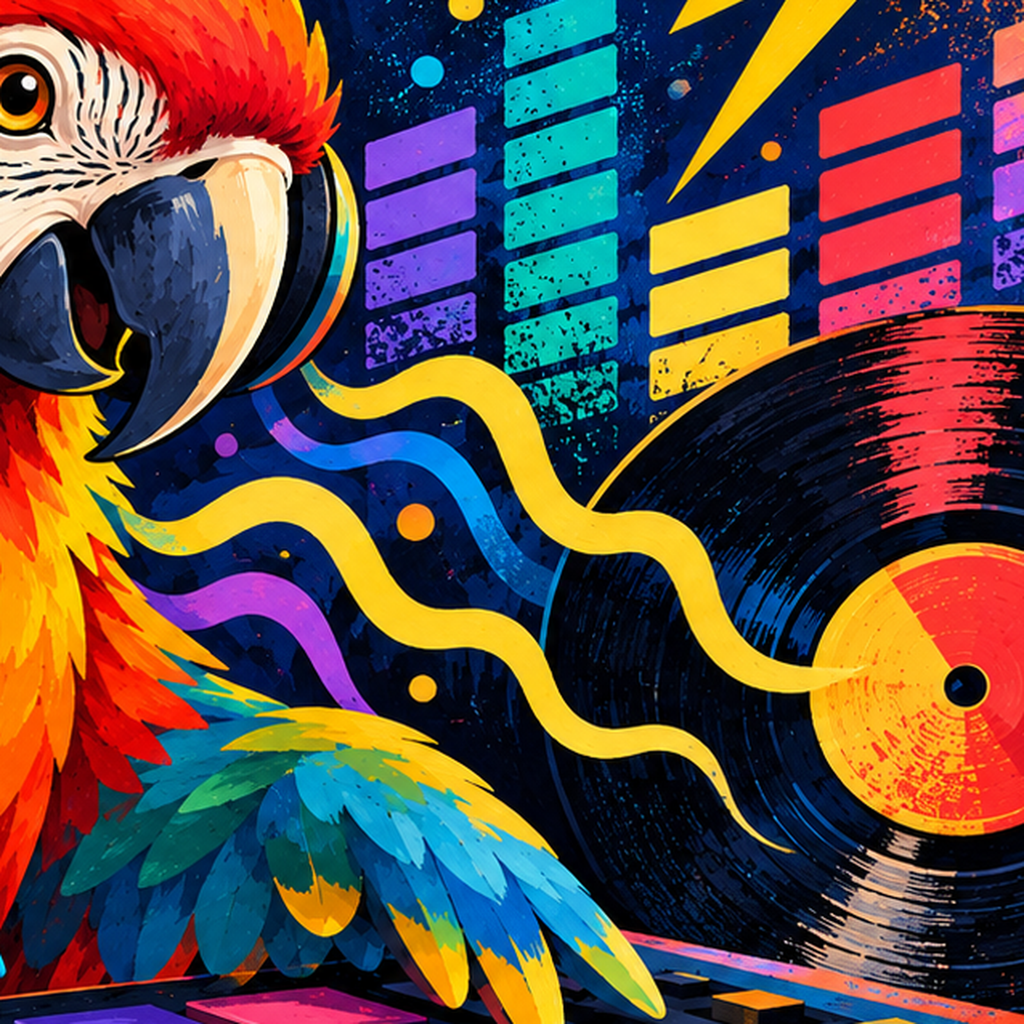 DJ Papağan Renkli Müzik Poster – Dinamik Dijital Sanat — baskının yakın çekimi, kâğıt dokusu ve renk detayı