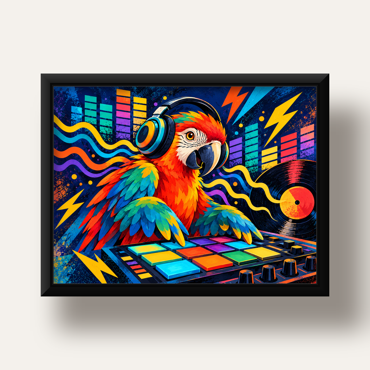 DJ Papağan Renkli Müzik Poster – Dinamik Dijital Sanat — siyah derin çerçeveli