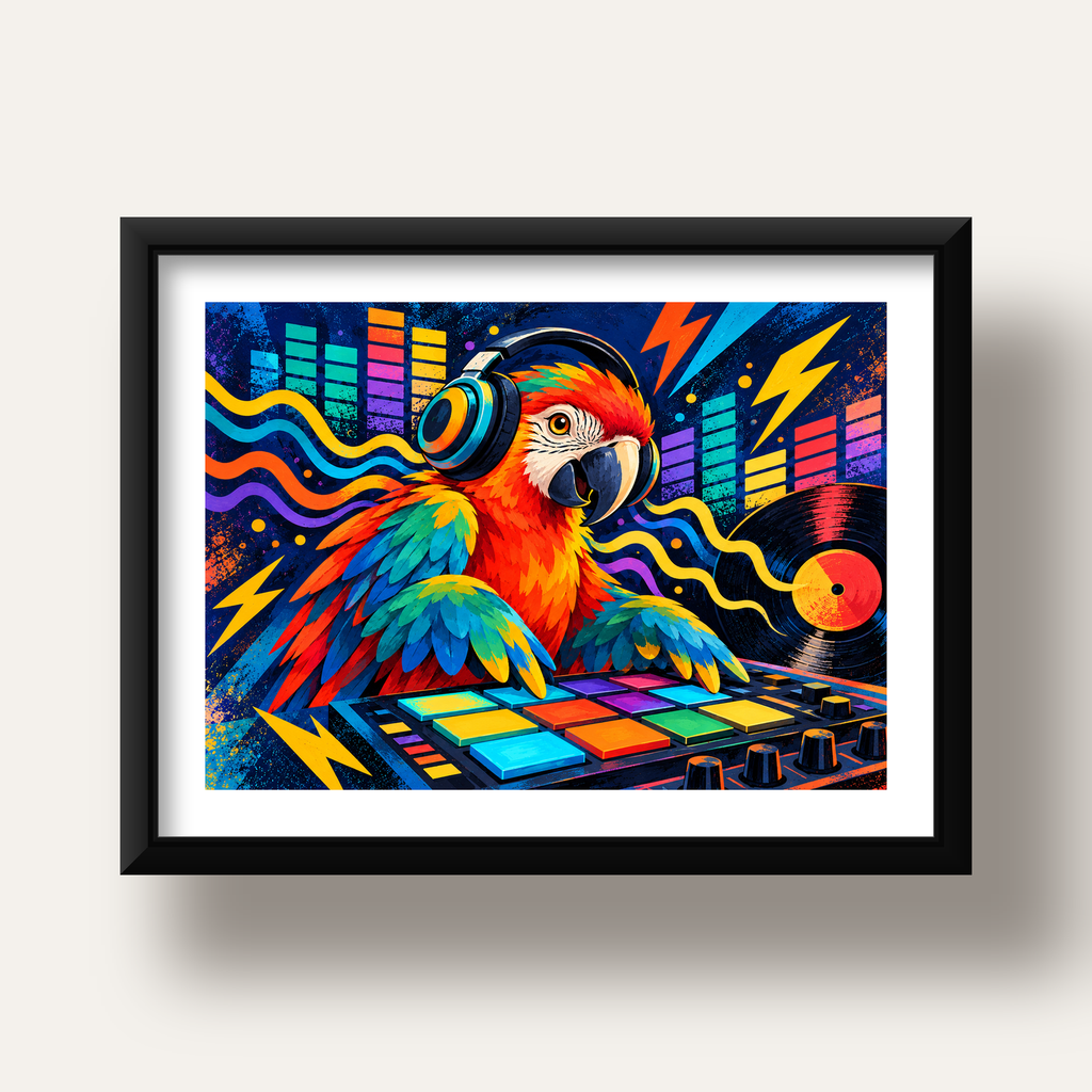 DJ Papağan Renkli Müzik Poster – Dinamik Dijital Sanat — siyah derin çerçeveli paspartulu