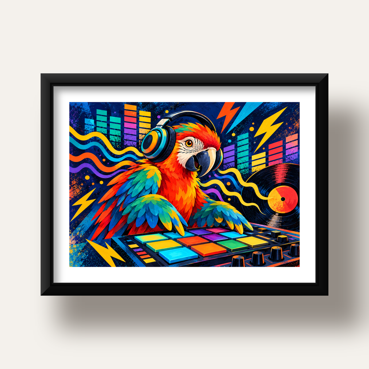 DJ Papağan Renkli Müzik Poster – Dinamik Dijital Sanat — siyah derin çerçeveli paspartulu
