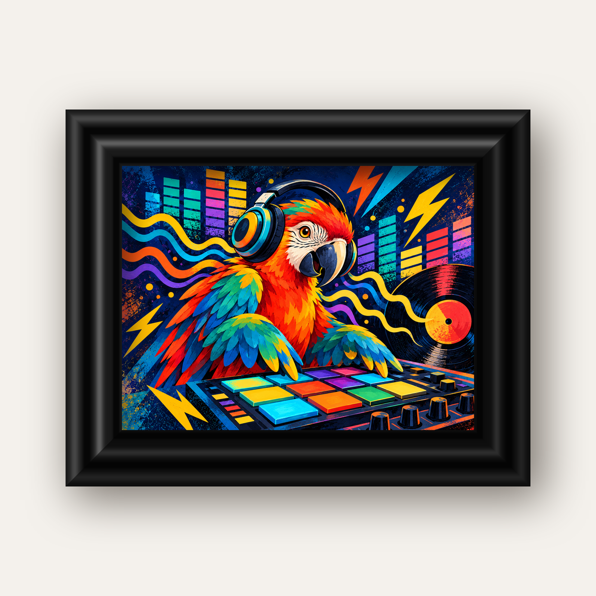 DJ Papağan Renkli Müzik Poster – Dinamik Dijital Sanat — siyah galeri çerçeveli