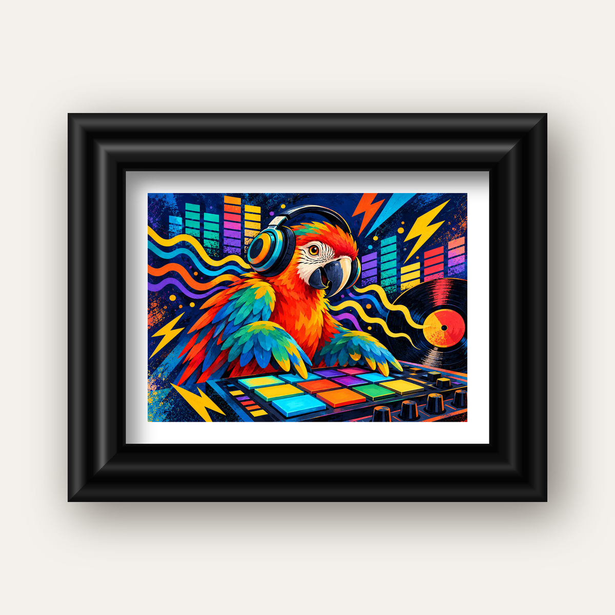 DJ Papağan Renkli Müzik Poster – Dinamik Dijital Sanat — siyah galeri çerçeveli paspartulu