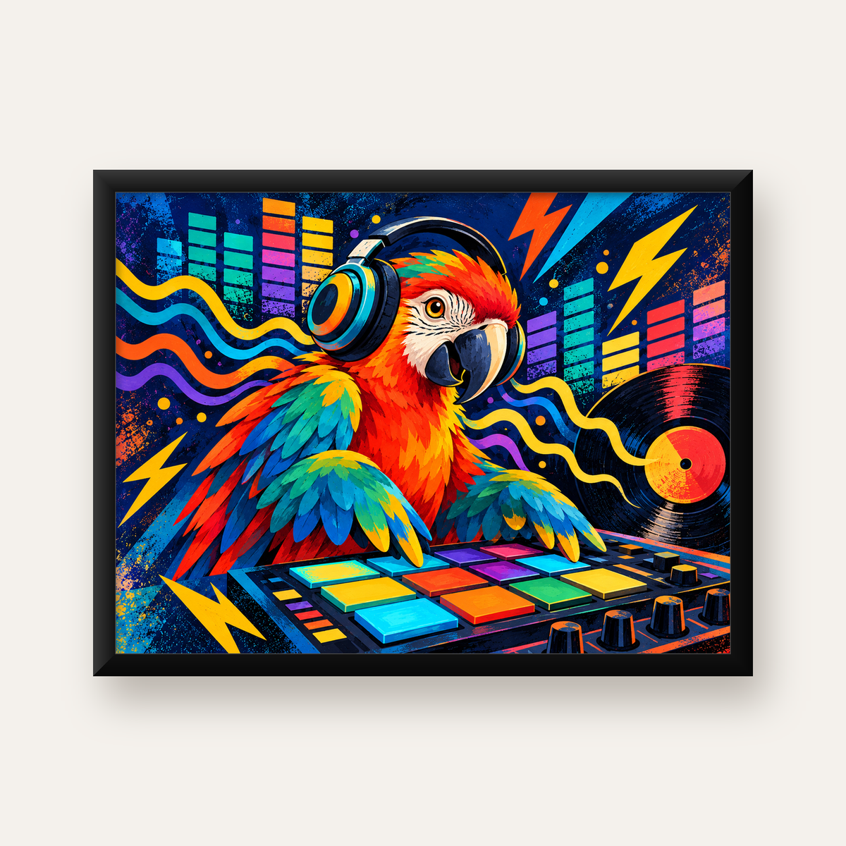 DJ Papağan Renkli Müzik Poster – Dinamik Dijital Sanat — Yatay baskı, düz siyah çerçeveli duvar posteri