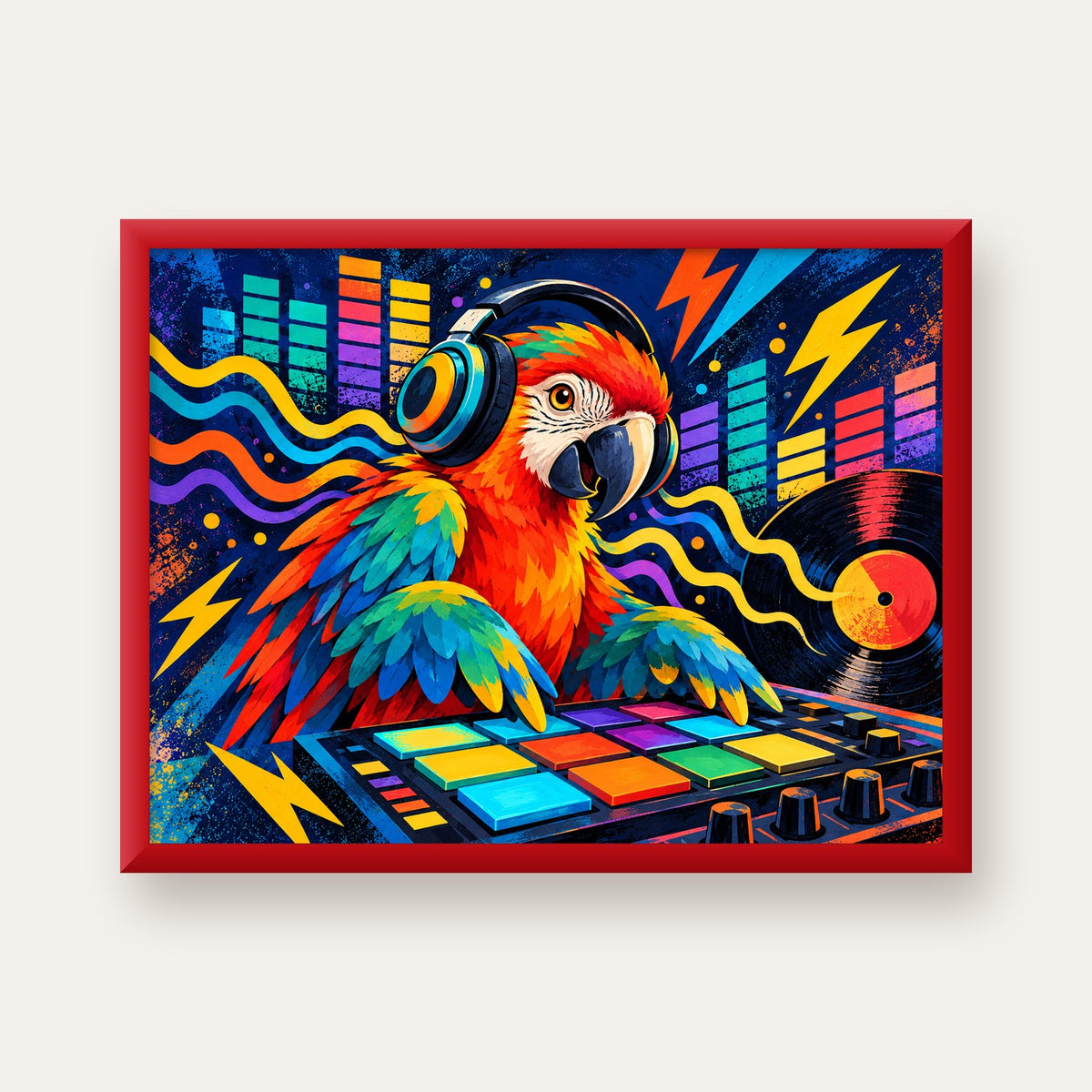 DJ Papağan Renkli Müzik Poster – Dinamik Dijital Sanat — kırmızı çerçeveli