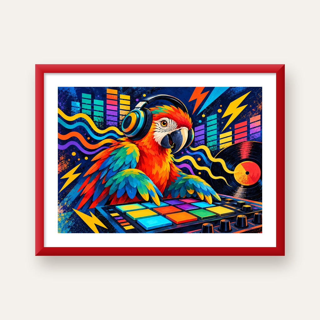 DJ Papağan Renkli Müzik Poster – Dinamik Dijital Sanat — kırmızı çerçeveli paspartulu