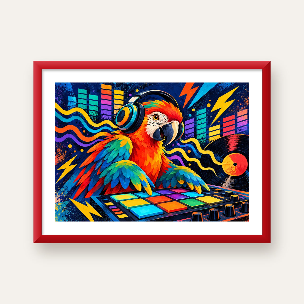 DJ Papağan Renkli Müzik Poster – Dinamik Dijital Sanat — kırmızı çerçeveli paspartulu