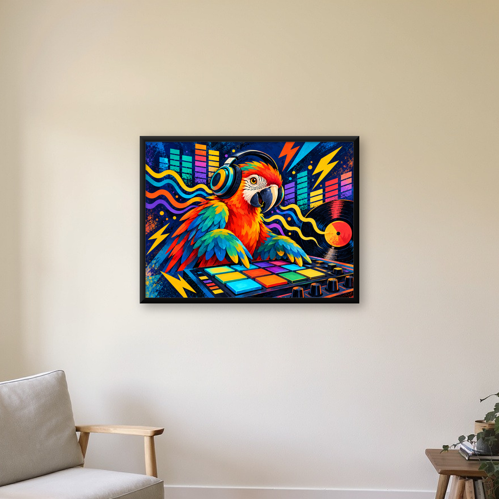 DJ Papağan Renkli Müzik Poster – Dinamik Dijital Sanat — Yatay baskı, çerçeveli hâliyle bir ev duvarında
