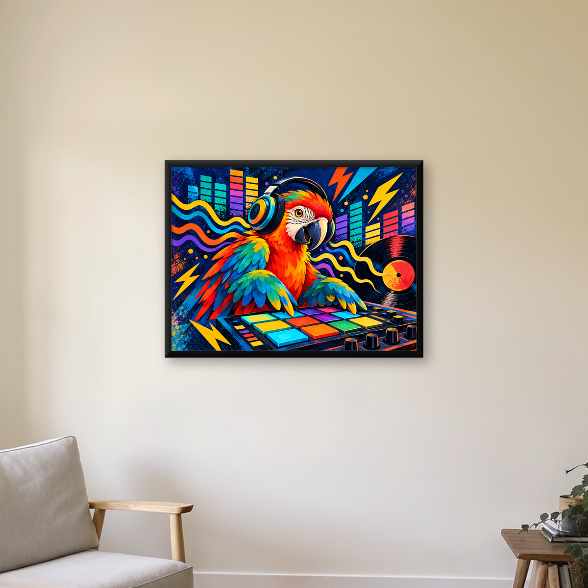 DJ Papağan Renkli Müzik Poster – Dinamik Dijital Sanat — Yatay baskı, çerçeveli hâliyle bir ev duvarında