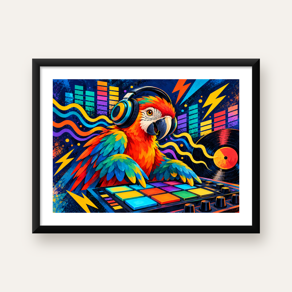 DJ Papağan Renkli Müzik Poster – Dinamik Dijital Sanat — Yatay baskı, beyaz paspartulu