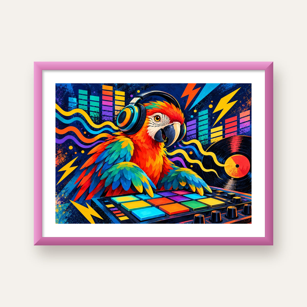 DJ Papağan Renkli Müzik Poster – Dinamik Dijital Sanat — pembe çerçeveli paspartulu