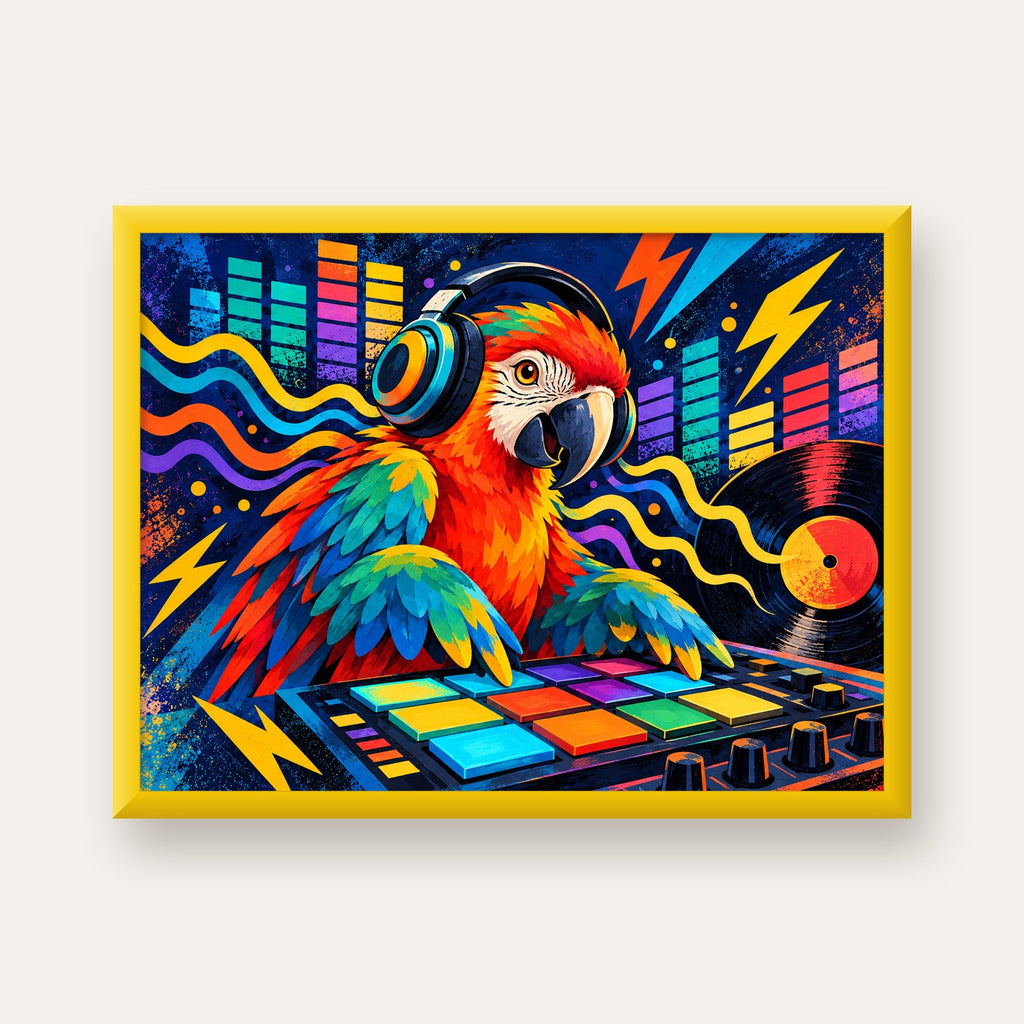 DJ Papağan Renkli Müzik Poster – Dinamik Dijital Sanat — sarı çerçeveli