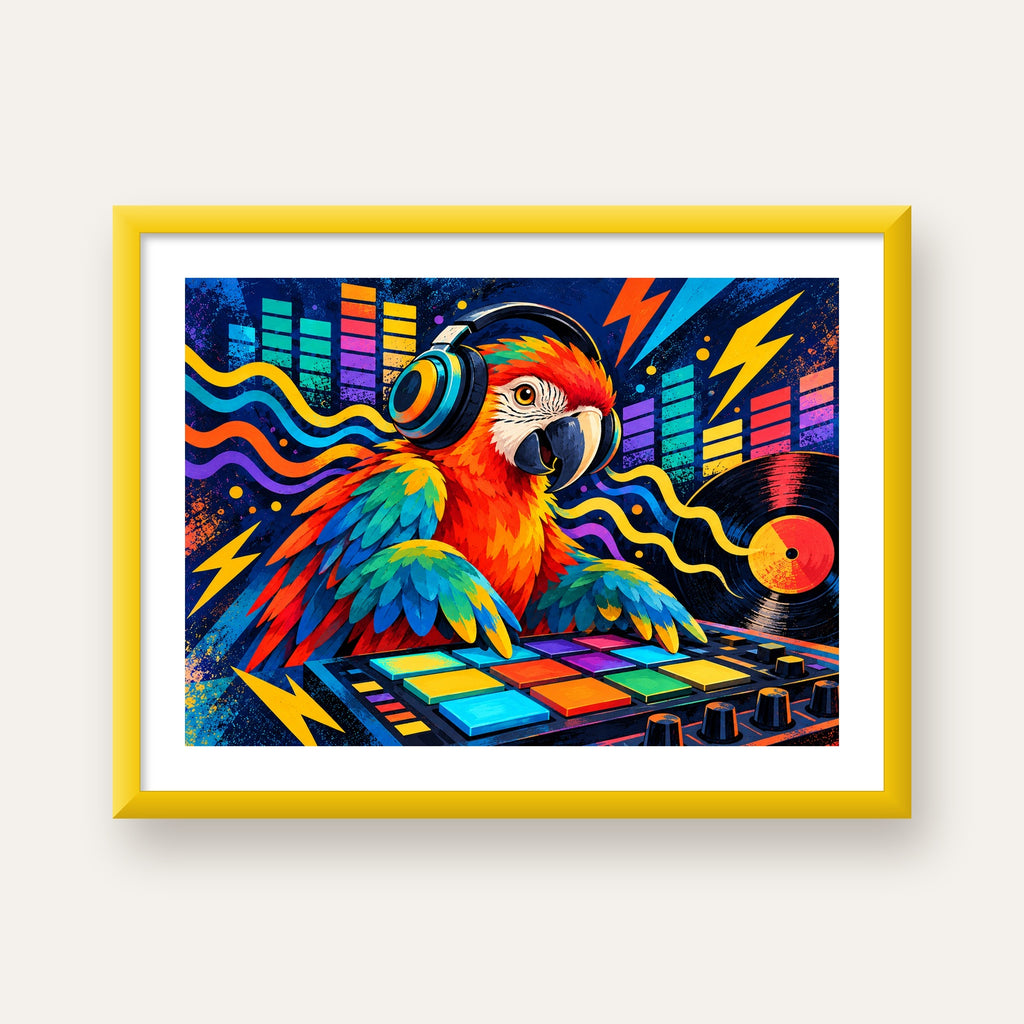 DJ Papağan Renkli Müzik Poster – Dinamik Dijital Sanat — sarı çerçeveli paspartulu