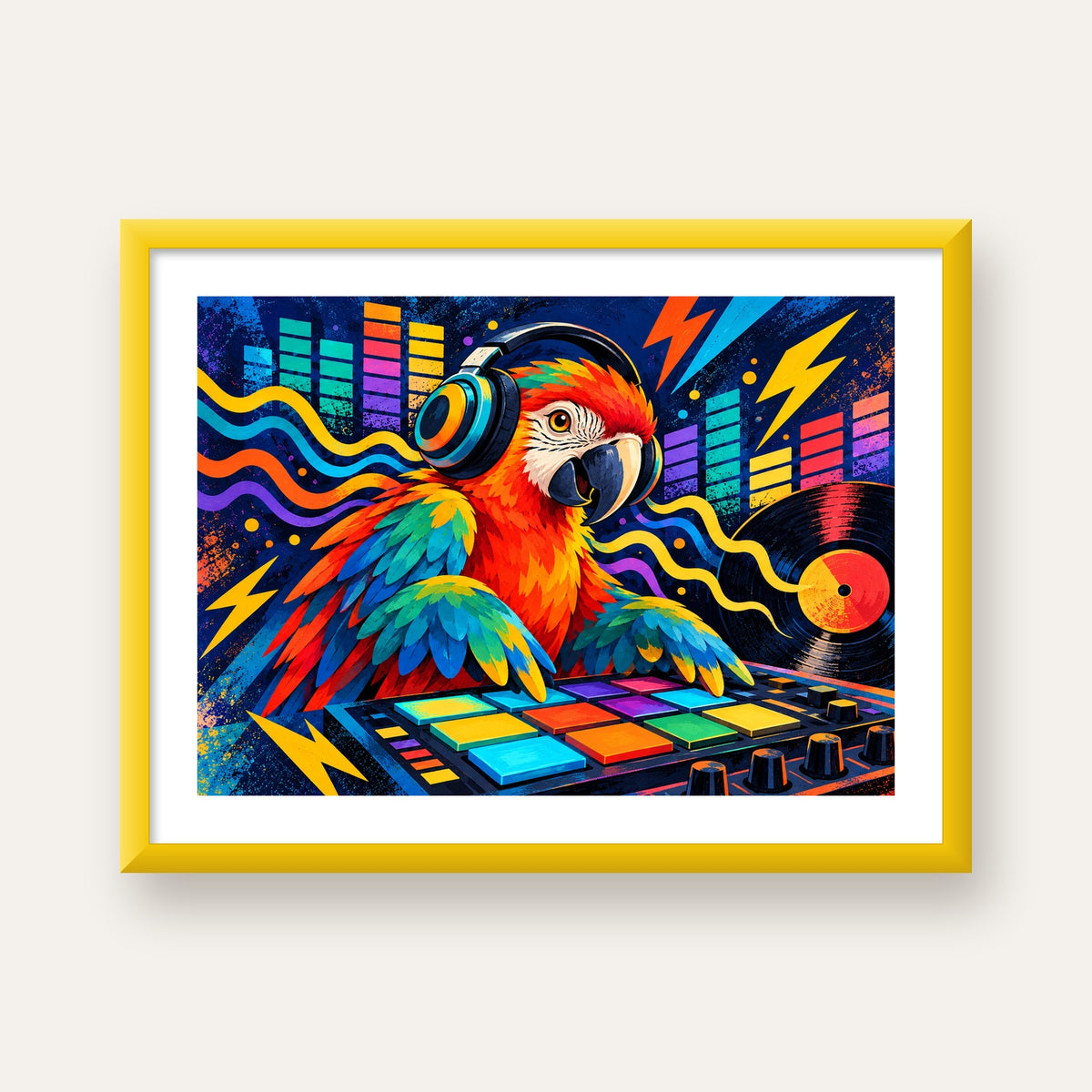 DJ Papağan Renkli Müzik Poster – Dinamik Dijital Sanat — sarı çerçeveli paspartulu
