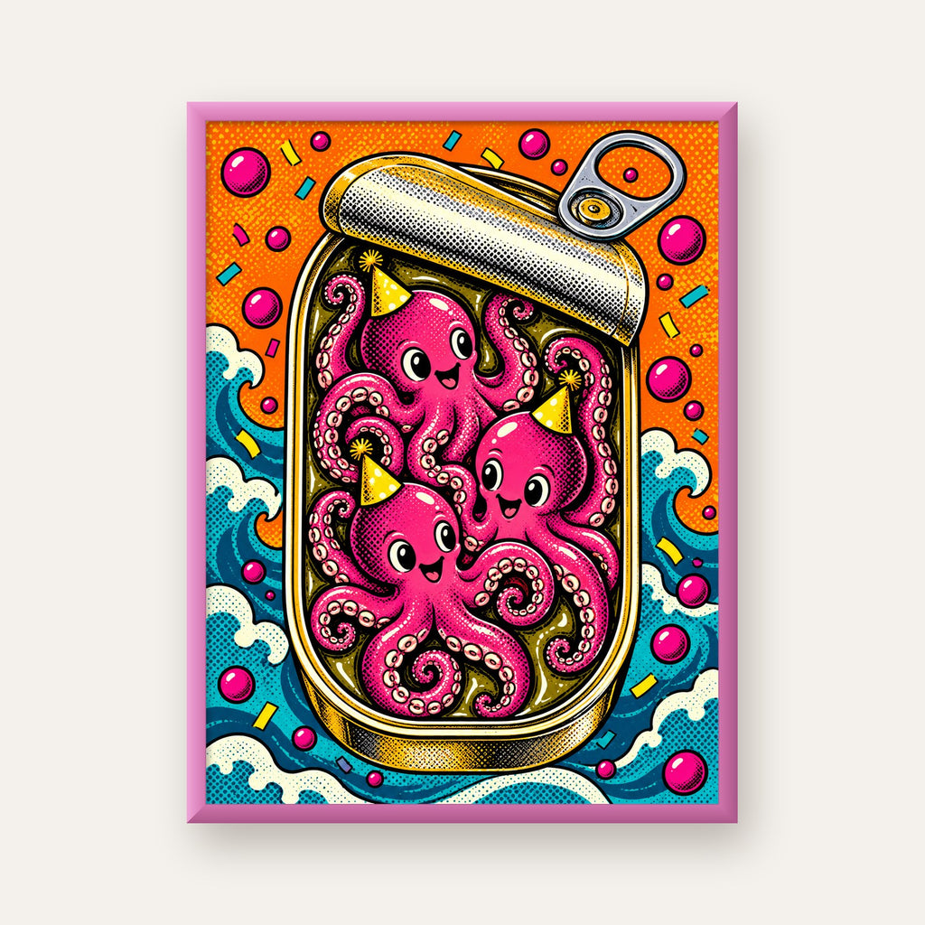 Konserve İçinde Parti Yapan Sevimli Ahtapotlar Poster — pembe çerçeveli