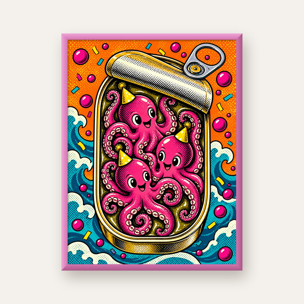 Konserve İçinde Parti Yapan Sevimli Ahtapotlar Poster — pembe çerçeveli