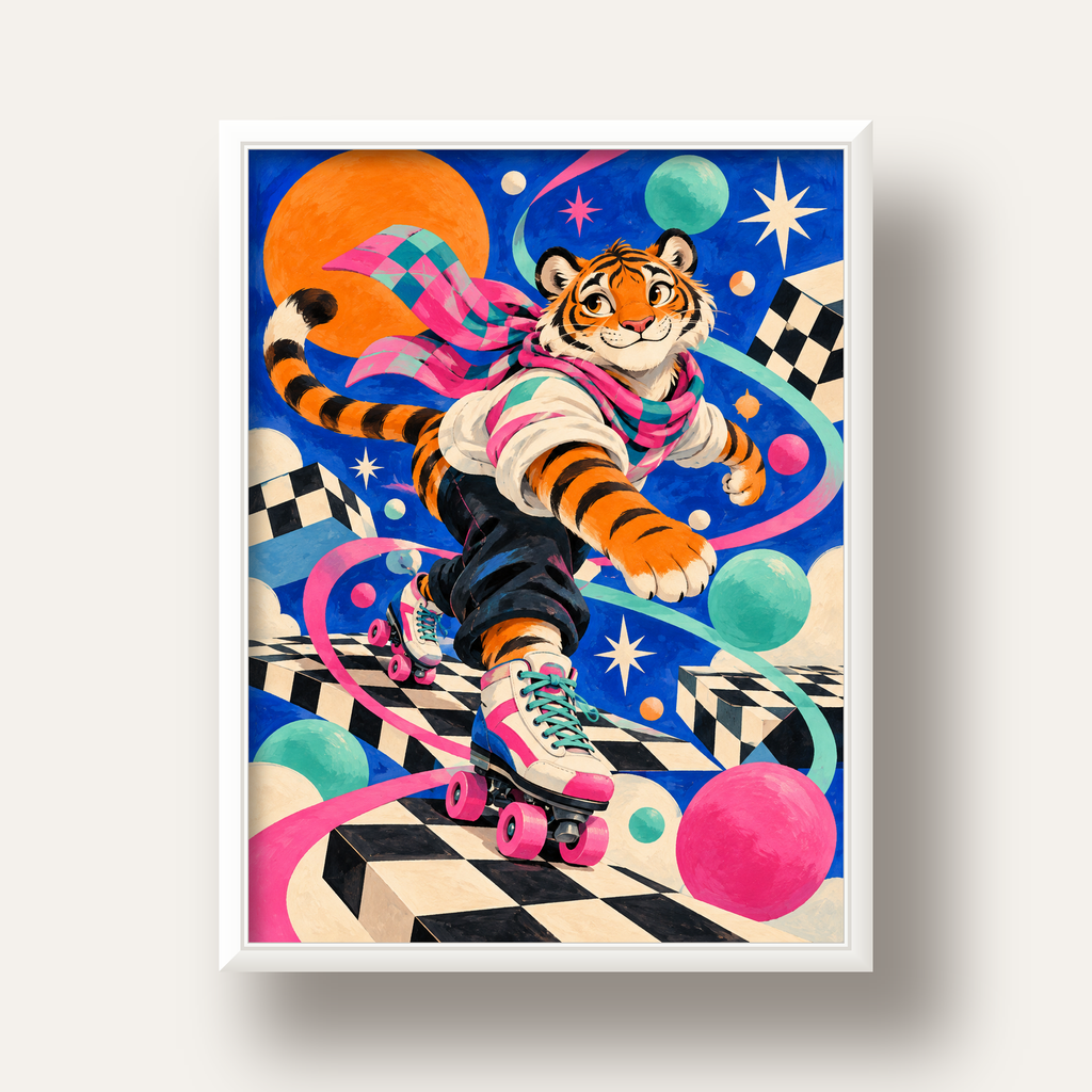 Retro Desenli Patenli Tiger Poster – Renkli Çizgi Film Stili — beyaz derin çerçeveli