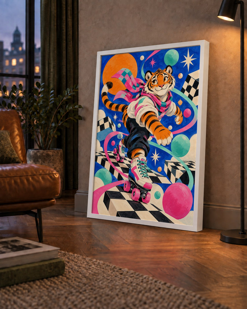 Retro Desenli Patenli Tiger Poster – Renkli Çizgi Film Stili — çerçeveli hâliyle bir ev duvarında