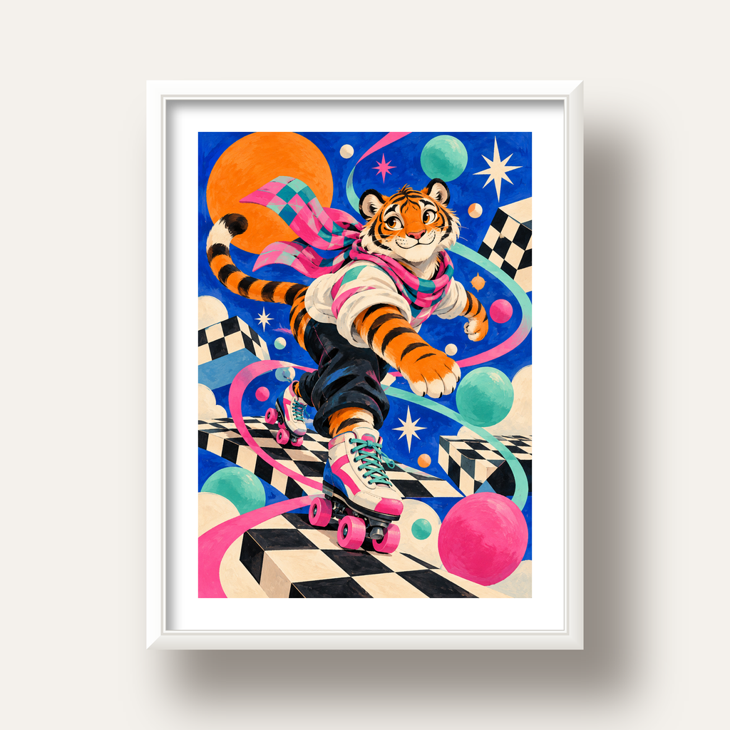 Retro Desenli Patenli Tiger Poster – Renkli Çizgi Film Stili — beyaz derin çerçeveli paspartulu