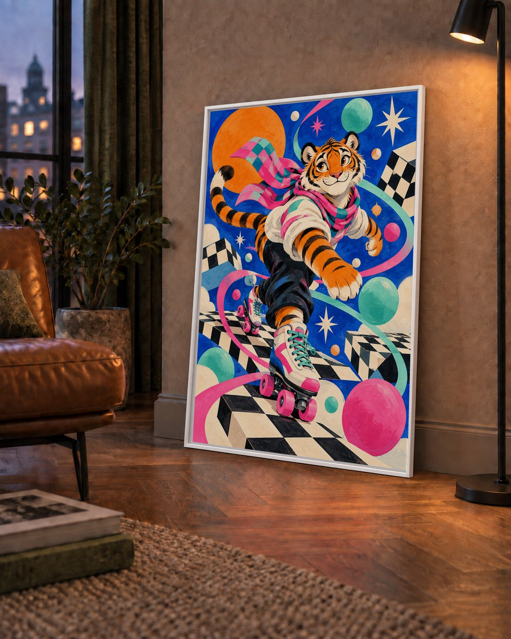 Retro Desenli Patenli Tiger Poster – Renkli Çizgi Film Stili — çerçeveli hâliyle bir ev duvarında