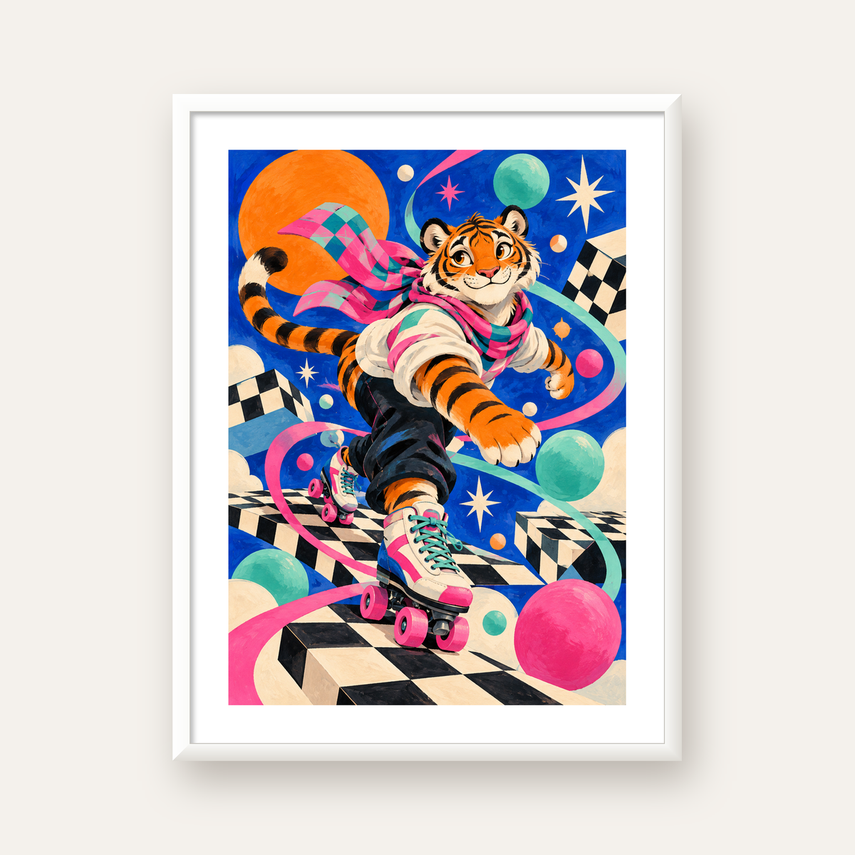 Retro Desenli Patenli Tiger Poster – Renkli Çizgi Film Stili — beyaz çerçeveli dikey poster