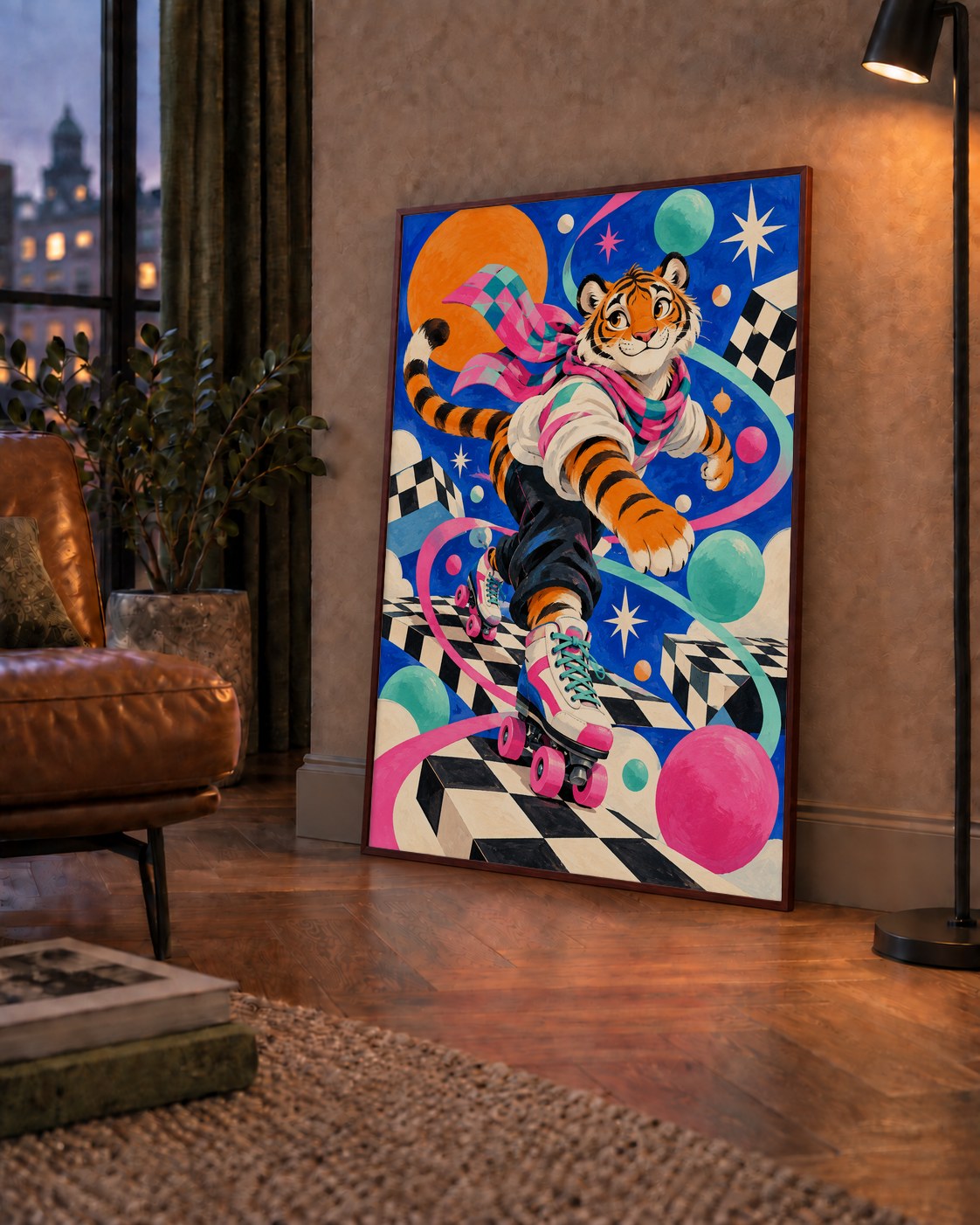 Retro Desenli Patenli Tiger Poster – Renkli Çizgi Film Stili — çerçeveli hâliyle bir ev duvarında
