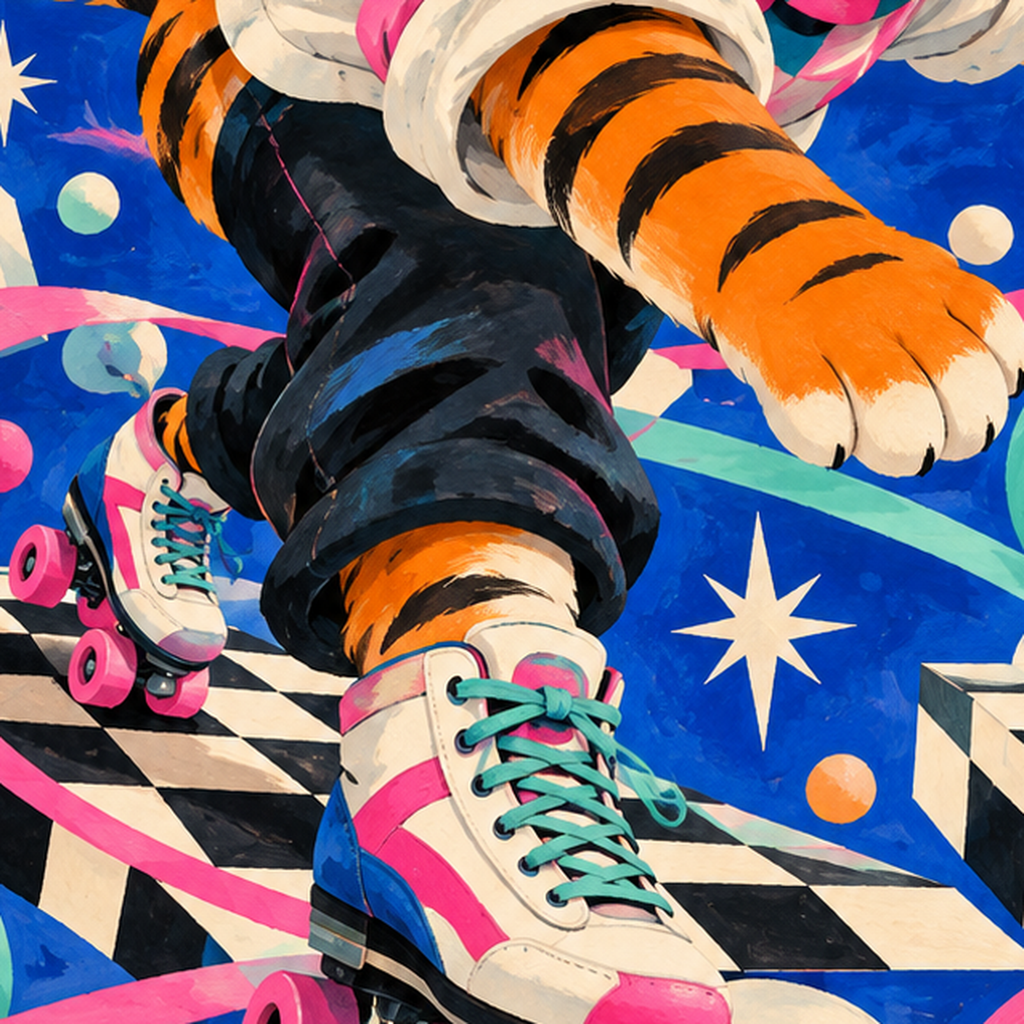 Retro Desenli Patenli Tiger Poster – Renkli Çizgi Film Stili — baskının yakın çekimi, kâğıt dokusu ve renk detayı
