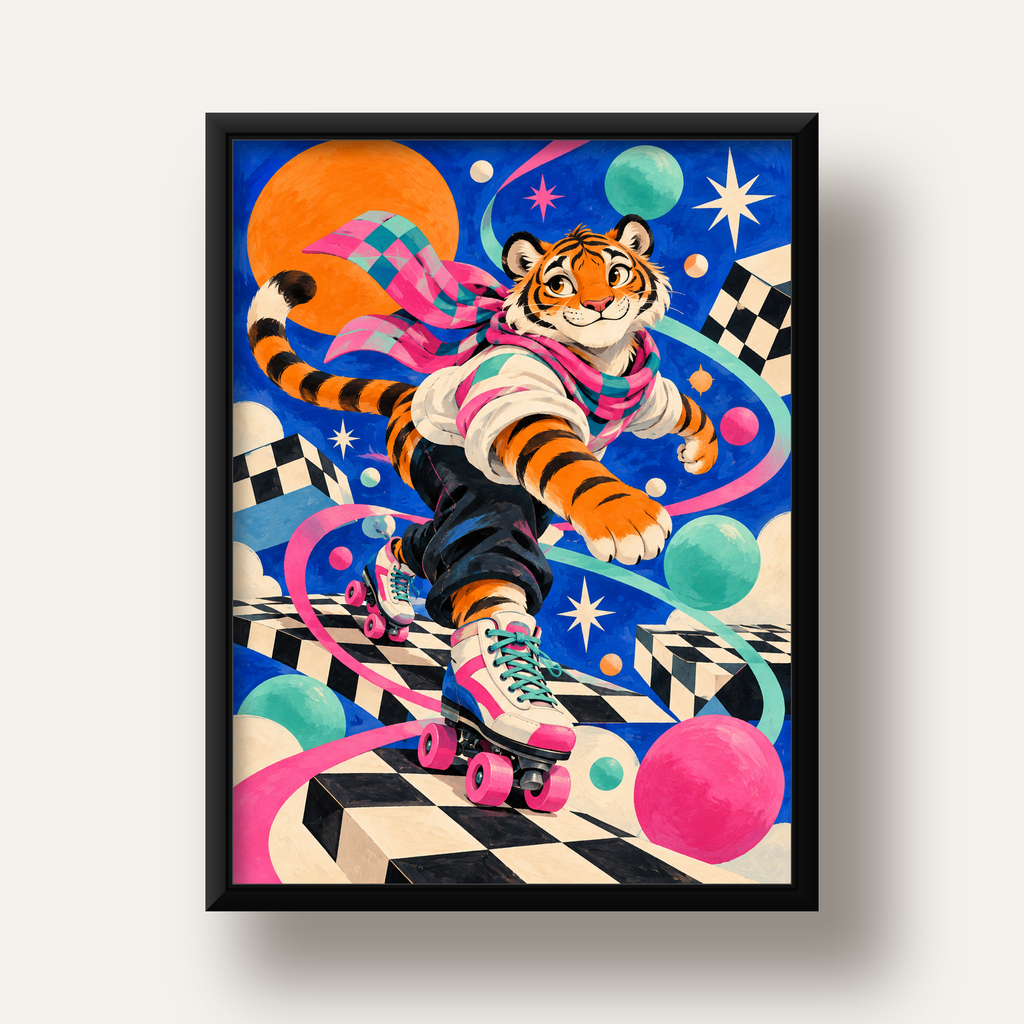 Retro Desenli Patenli Tiger Poster – Renkli Çizgi Film Stili — siyah derin çerçeveli