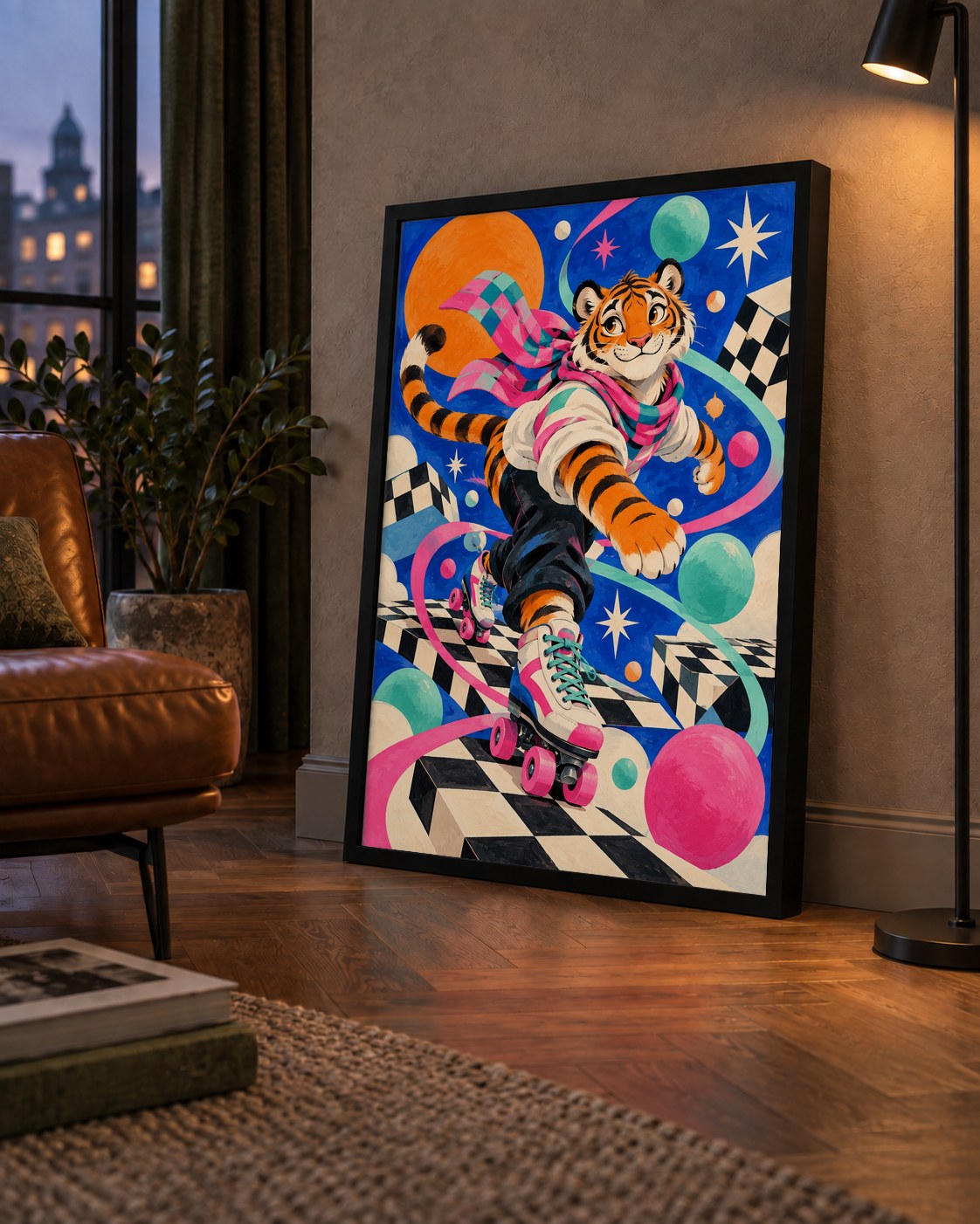 Retro Desenli Patenli Tiger Poster – Renkli Çizgi Film Stili — çerçeveli hâliyle bir ev duvarında