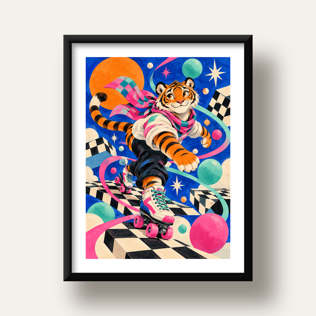 Retro Desenli Patenli Tiger Poster – Renkli Çizgi Film Stili — siyah derin çerçeveli paspartulu