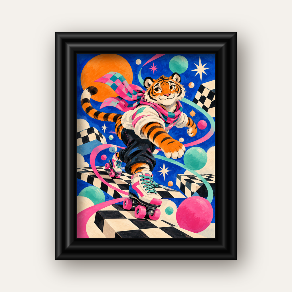 Retro Desenli Patenli Tiger Poster – Renkli Çizgi Film Stili — siyah galeri çerçeveli