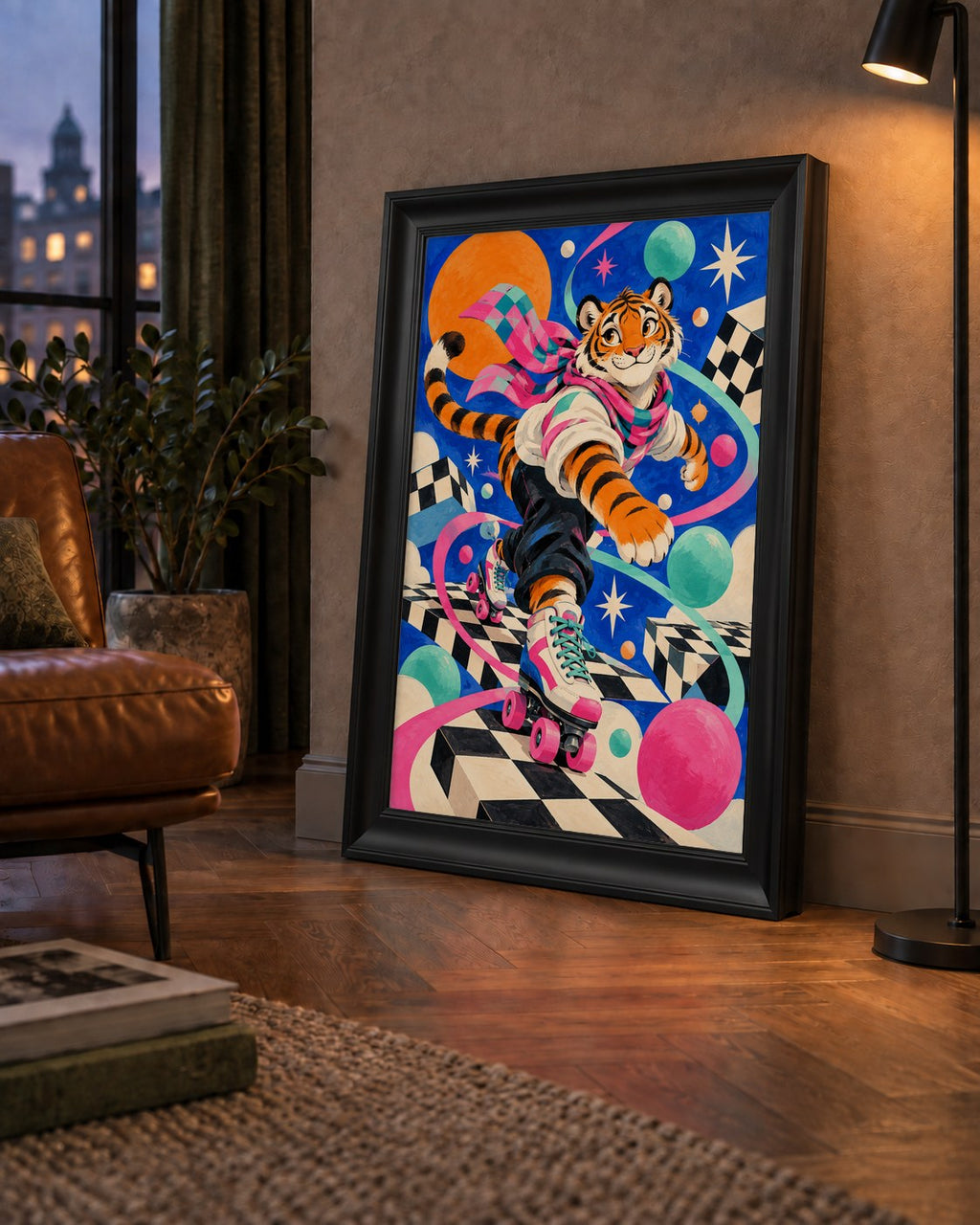 Retro Desenli Patenli Tiger Poster – Renkli Çizgi Film Stili — çerçeveli hâliyle bir ev duvarında