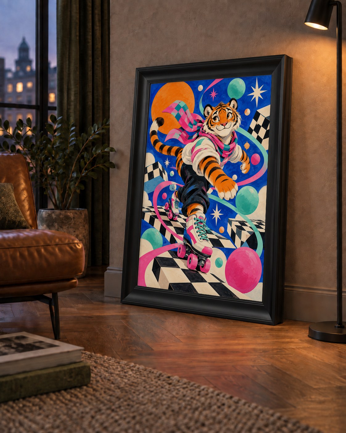 Retro Desenli Patenli Tiger Poster – Renkli Çizgi Film Stili — çerçeveli hâliyle bir ev duvarında