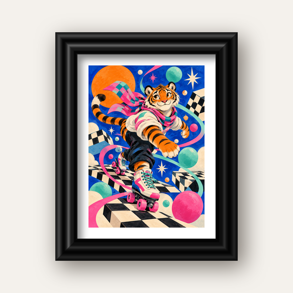 Retro Desenli Patenli Tiger Poster – Renkli Çizgi Film Stili — siyah galeri çerçeveli paspartulu