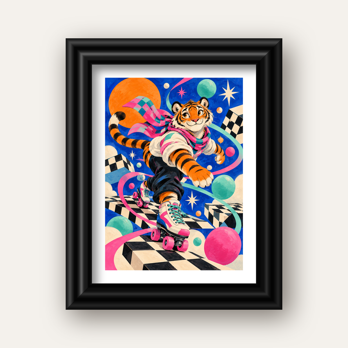 Retro Desenli Patenli Tiger Poster – Renkli Çizgi Film Stili — siyah galeri çerçeveli paspartulu