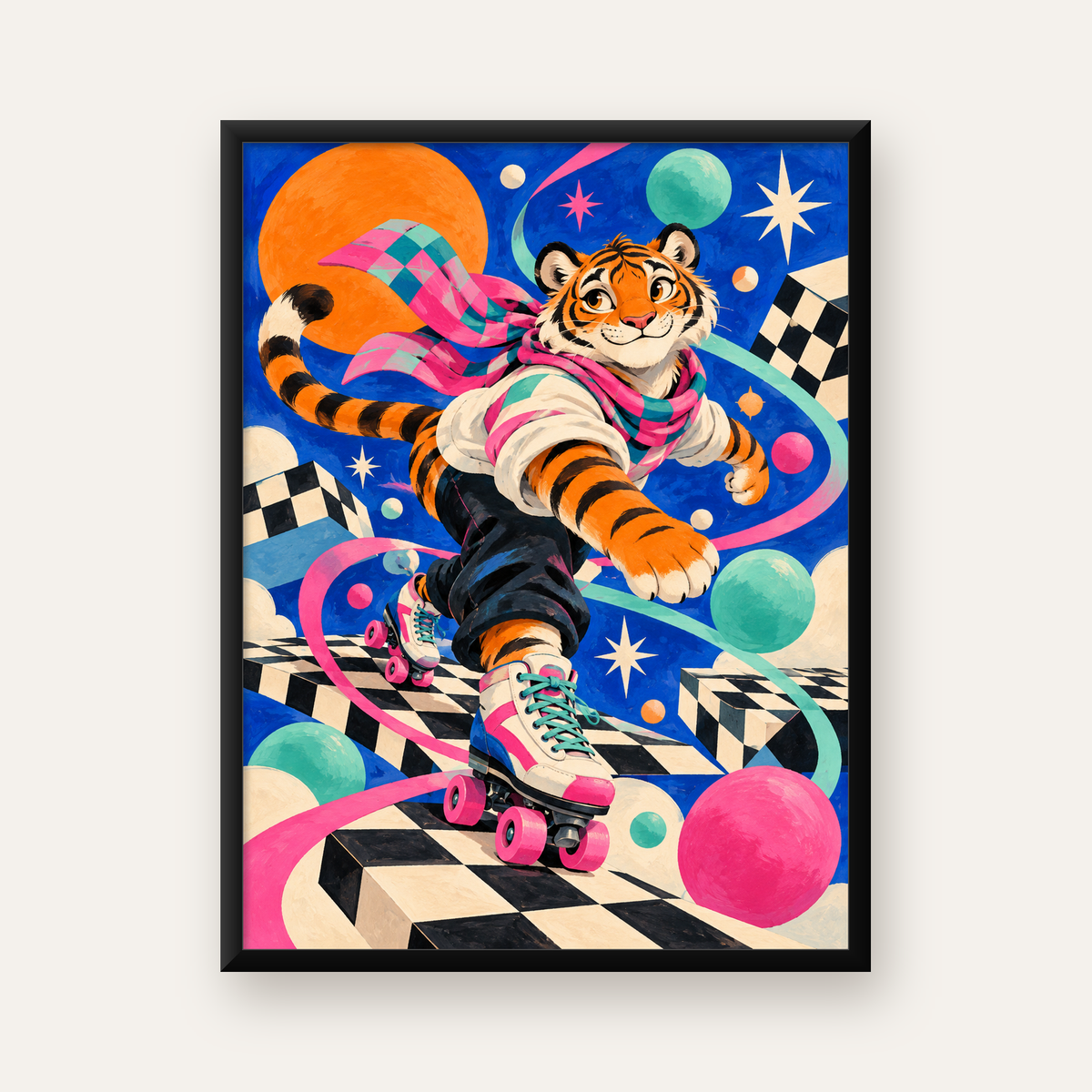 Retro Desenli Patenli Tiger Poster – Renkli Çizgi Film Stili — Dikey baskı, düz siyah çerçeveli duvar posteri