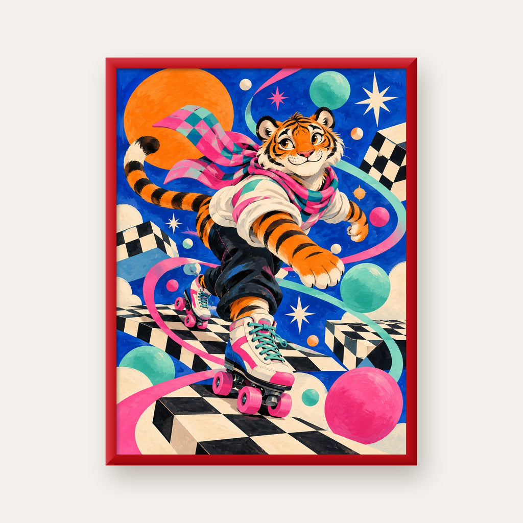 Retro Desenli Patenli Tiger Poster – Renkli Çizgi Film Stili — kırmızı çerçeveli