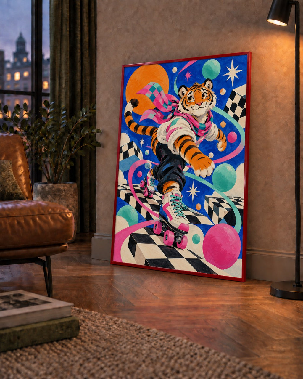 Retro Desenli Patenli Tiger Poster – Renkli Çizgi Film Stili — çerçeveli hâliyle bir ev duvarında