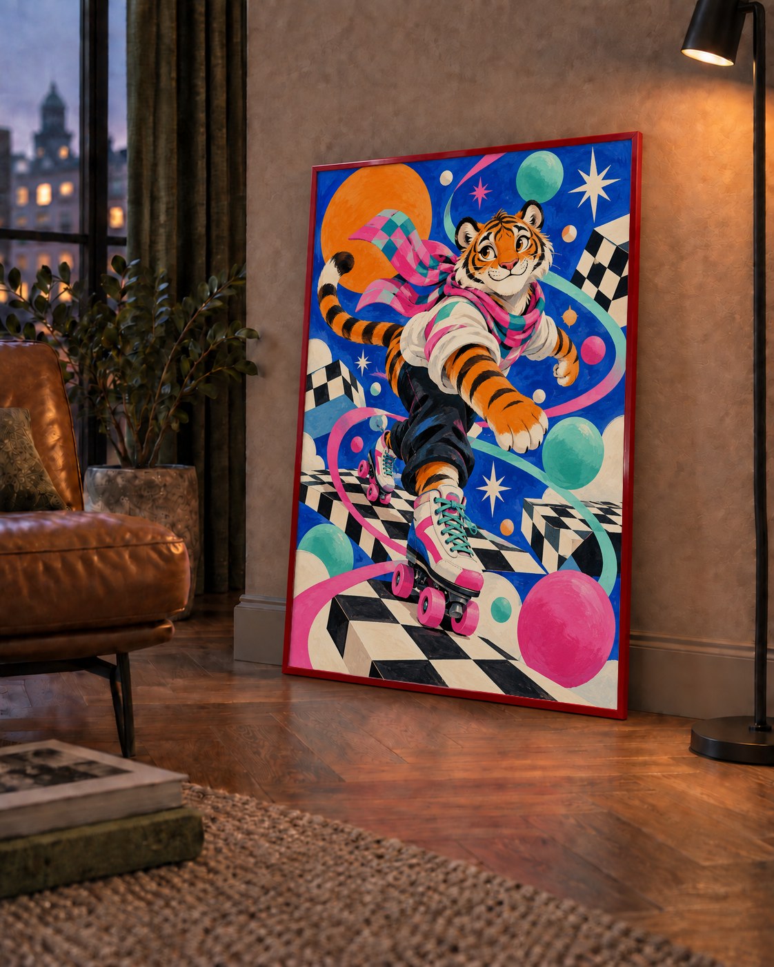 Retro Desenli Patenli Tiger Poster – Renkli Çizgi Film Stili — çerçeveli hâliyle bir ev duvarında