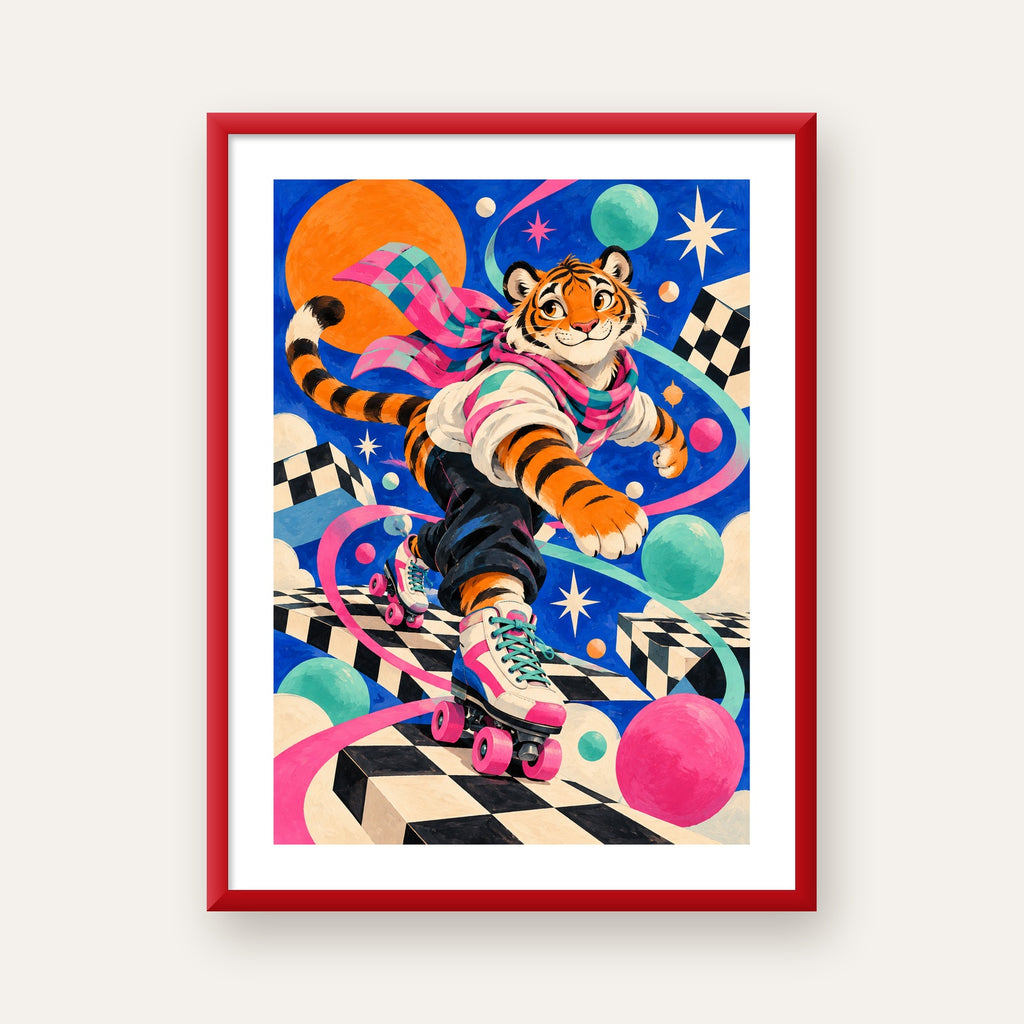 Retro Desenli Patenli Tiger Poster – Renkli Çizgi Film Stili — kırmızı çerçeveli paspartulu