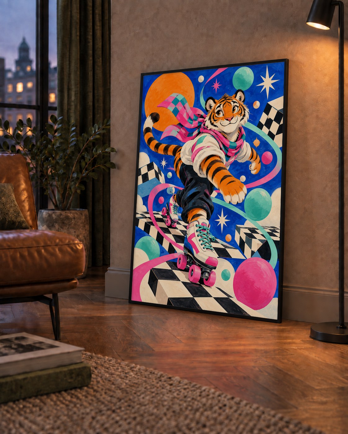 Retro Desenli Patenli Tiger Poster – Renkli Çizgi Film Stili — çerçeveli hâliyle bir ev duvarında