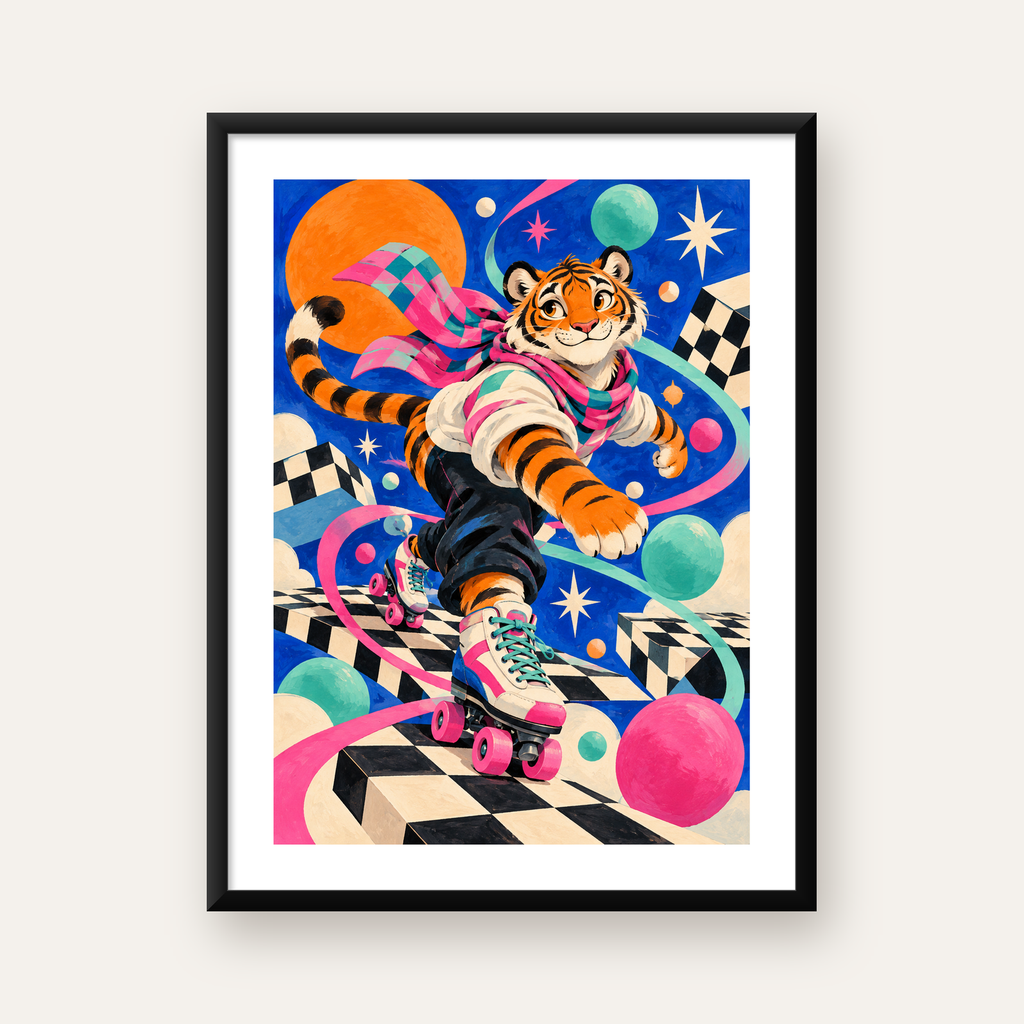 Retro Desenli Patenli Tiger Poster – Renkli Çizgi Film Stili — Dikey baskı, beyaz paspartulu