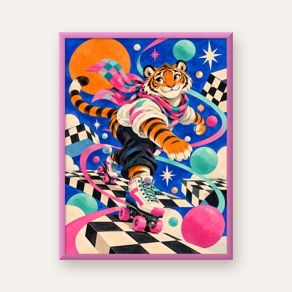 Retro Desenli Patenli Tiger Poster – Renkli Çizgi Film Stili — pembe çerçeveli